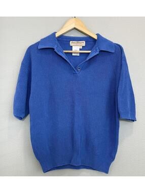 Vintage Norm Thompson Blue Knit Short Sleeve Polo; Size Large